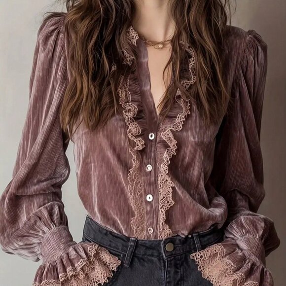 Tops - Dusty Pink Elegant Women's Velvet Blouse